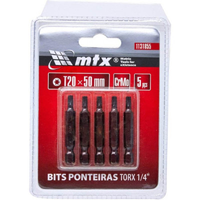 Kit bits torx 1/4 t20 x 50 mm, aço cromo 5 peças mtx