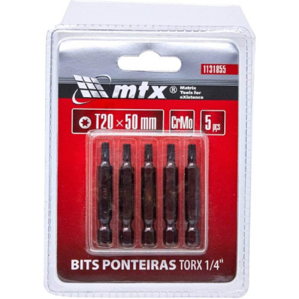 Kit bits torx 1/4 t20 x 50 mm, aço cromo 5 peças mtx