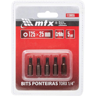 Kit bits torx 1/4 t25 x 25 mm, aco crmo 5 peças mtx