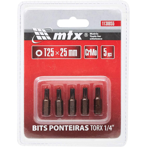 Kit bits torx 1/4 t25 x 25 mm, aco crmo 5 peças mtx