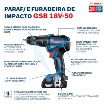 Parafusadeira/Furadeira 18V de Impacto GSB18V-50 s/ Bateria s/ Carregador